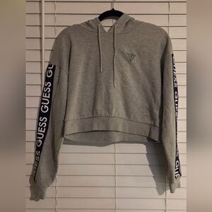 Guess Womens Light Gray Cropped Hoodie with Logo Sleeves. GUC Size M